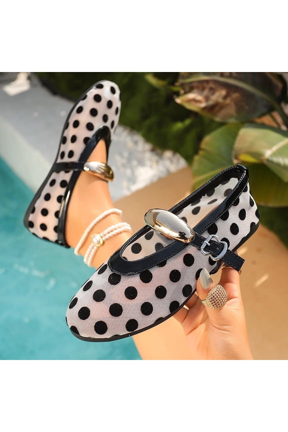 Women's Mary Jane Flat Shoes Comfortable Polka Dots Dress Shoes Ankle Strap Round Toe Mesh Slip On Flats White 8.5(42)