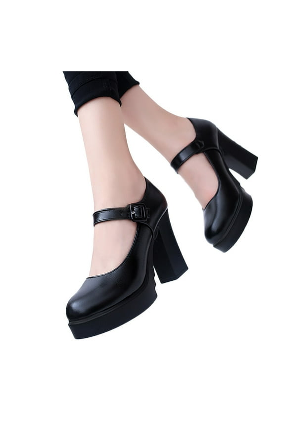 Women's Mary Jane Heels Closed Toe Block Heel Round Toe Chunky High Heel Pumps Black 7.5(40)