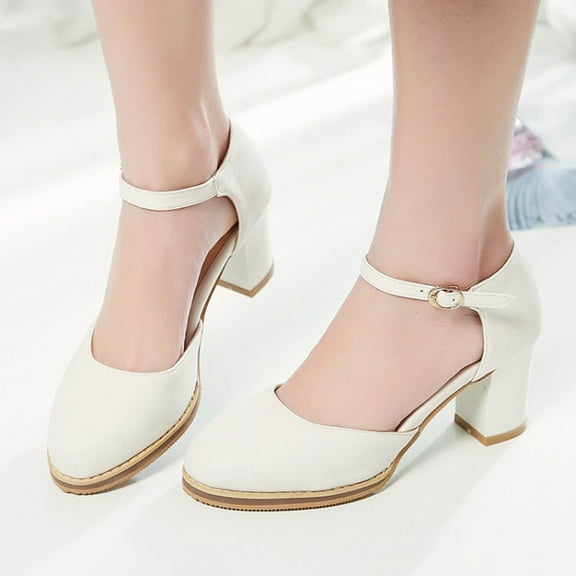 Miluxas Women's Mary Jane Heels Closed Toe Block Heel Round Toe Chunky High Heel Pumps White 6.5(38)