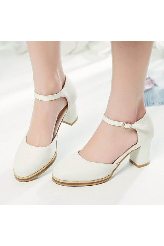 Women's Mary Jane Heels Closed Toe Block Heel Round Toe Chunky High Heel Pumps White 6.5(38)