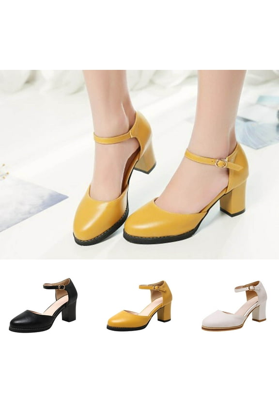 Women's Mary Jane Heels Closed Toe Block Heel Round Toe Chunky High Heel Pumps Yellow 9.5(43)