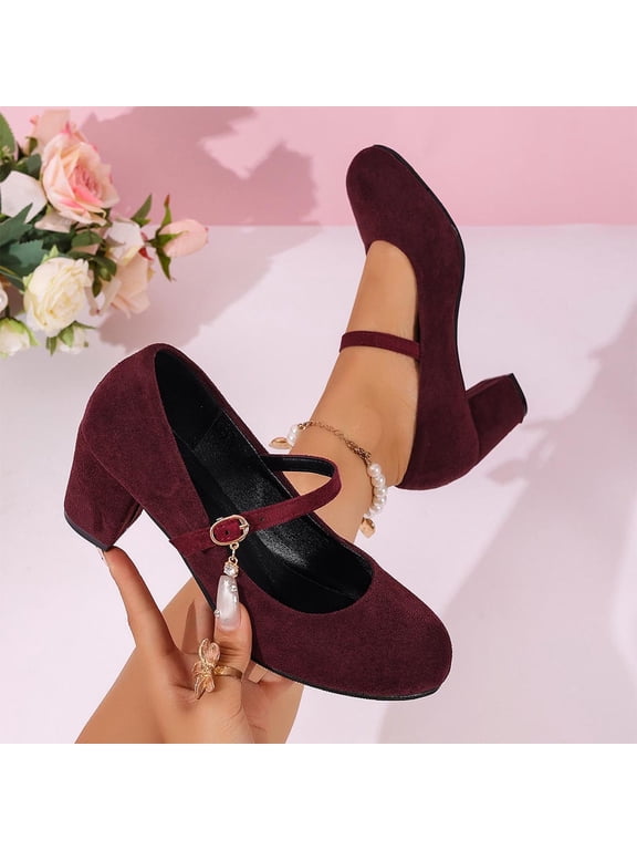 Women's Mary Jane Pumps, Block Heel, Round Toe, Ankle Strap with Buckle, office Dress Shoes Wine 9(42)