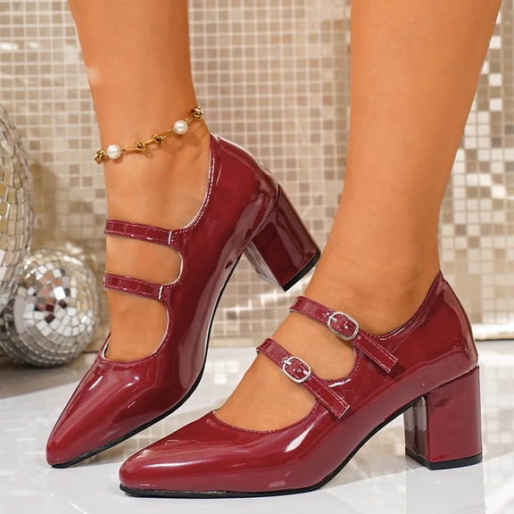 Miluxas Women's Mary Jane Shoes - Classic Retro Work Shoes with Thick & Mid Heels, Comfortable office Pumps with Buckle Strap, Vintage Dress Shoes Wine 6.5(38)