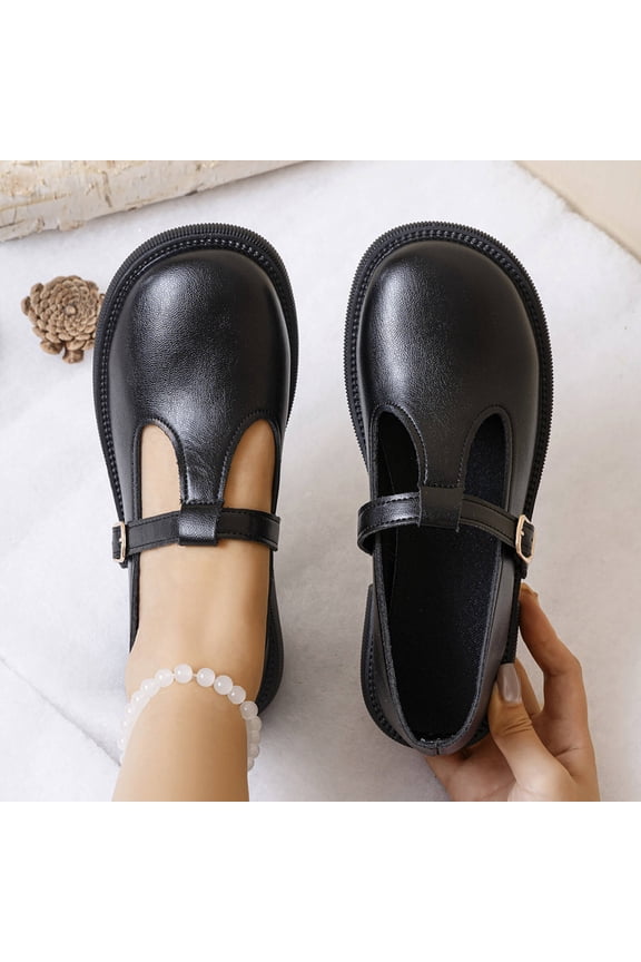 Women's Mary Jane T-Strap Shoes Flats Vintage Round Toe Leather Low Heel Womens Dress Shoe Black 6(37)