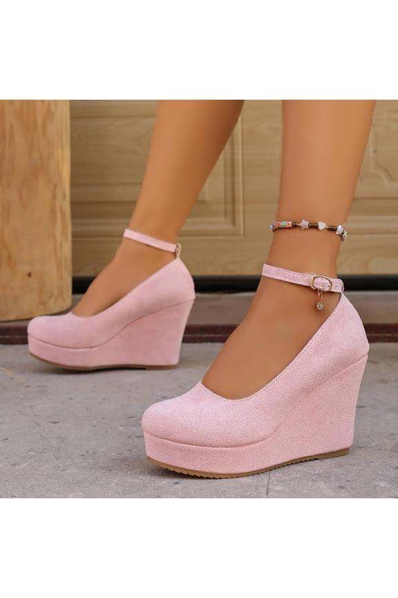 Women's Mary Jane Wedge Solid Buckle Evening Dress Round Toe Platform Shoes Pumps Pink 5.5(36)