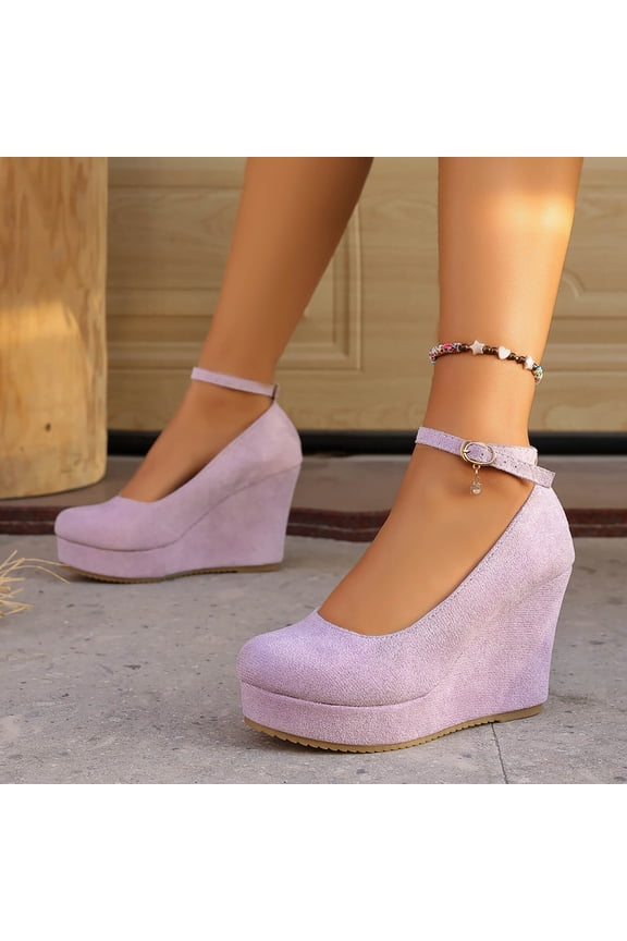 Women's Mary Jane Wedge Solid Buckle Evening Dress Round Toe Platform Shoes Pumps Purple 5.5(36)