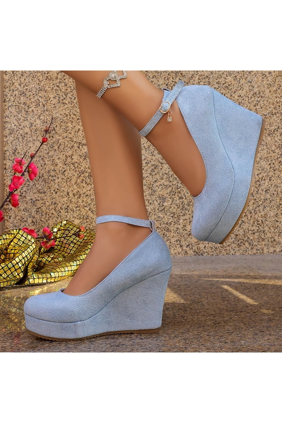 Women's Mary Jane Wedge Solid Buckle Evening Dress Round Toe Platform Shoes Pumps Sky Blue 9(42)