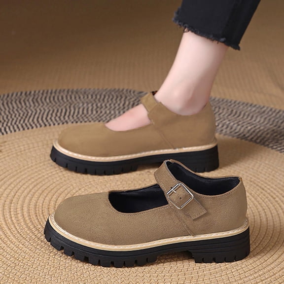 Miluxas Women's Mary Janes Shoes Platform Dress Chunky Pumps Low Heel Round Toe Ankle Strap Pumps Wedges Shoes Khaki 6(37)