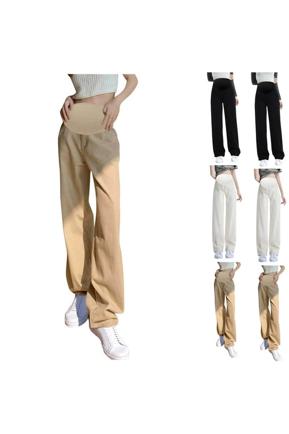 Women's Maternity Jeans Straight Leg Relaxed Fit Over Belly Pregnancy Denim Work Pants Maternity Clothes White XL(XL)