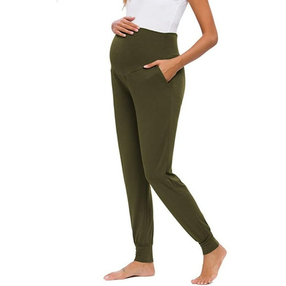 Miluxas Women's Maternity Pants Clothes Pajamas Over Belly Pregnancy Must Haves Lounge Pants Joggers with Pockets Army Green 10(XL)