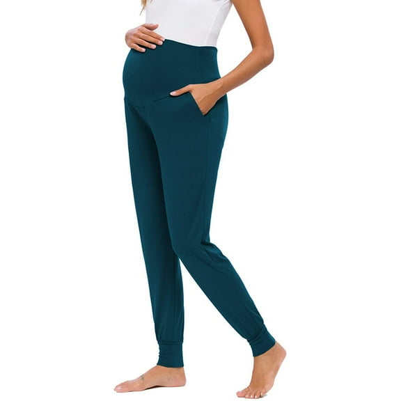 Miluxas Women's Maternity Pants Clothes Pajamas Over Belly Pregnancy Must Haves Lounge Pants Joggers with Pockets Blue 10(XL)