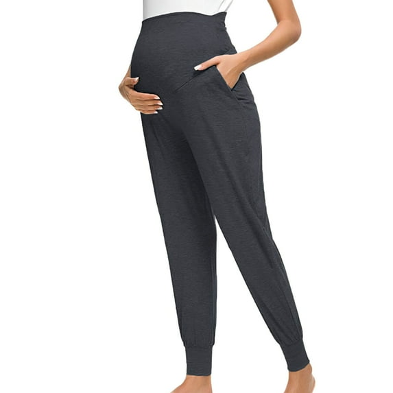 Miluxas Women's Maternity Pants Stretchy Lounge Workout Pants Casual Loose Comfy Pregnancy Joggers with Pockets Dark Gray L(L)