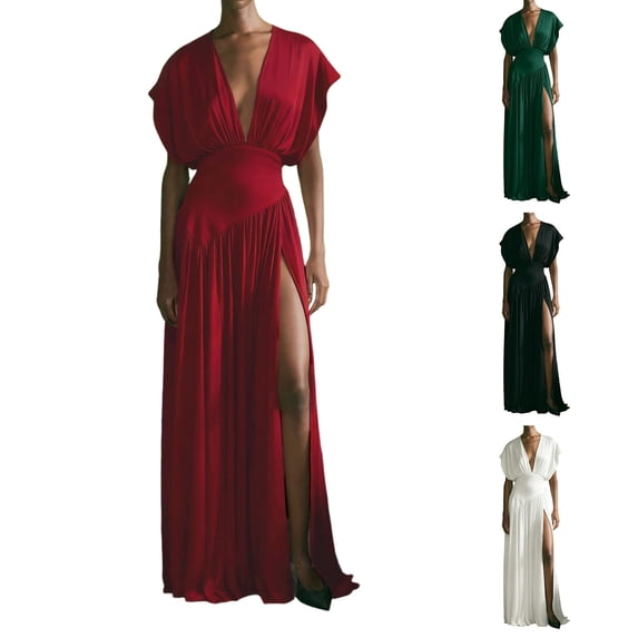 Miluxas Women's Maxi Dress Deep V Neck Sleeveless Pleated Waist Long Dress formal Evening Gown Elegant Wedding Guest Cocktail Party Dress White