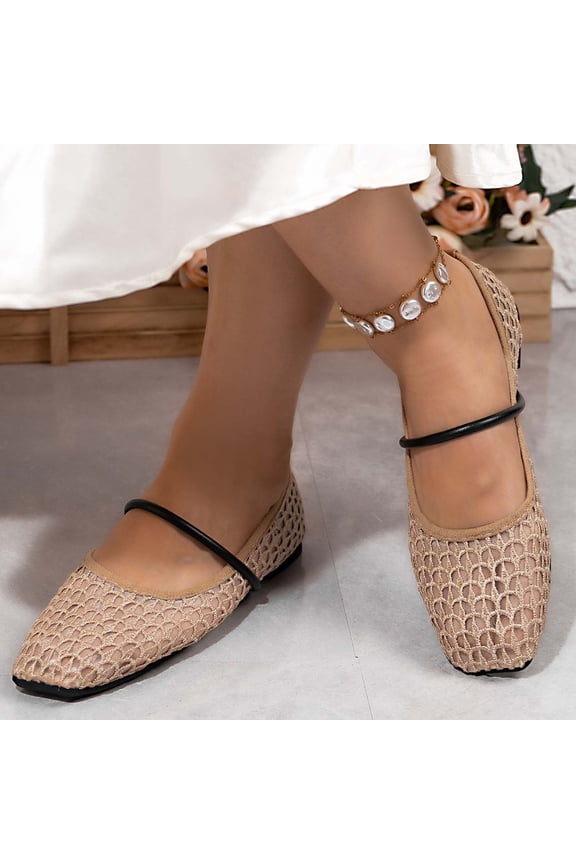 Women's Mesh Ballet Flats Fishnet Ballerina Flats Buckle Strap Mary Jane Causal Daily Dress Shoes Khaki 7(39)