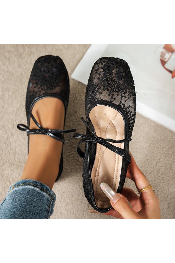 Women's Mesh Ballet Flats Lace Sandals Buckle Strap Open Square Toe Slip on Fishnet Flat Shoes Black 6(37)
