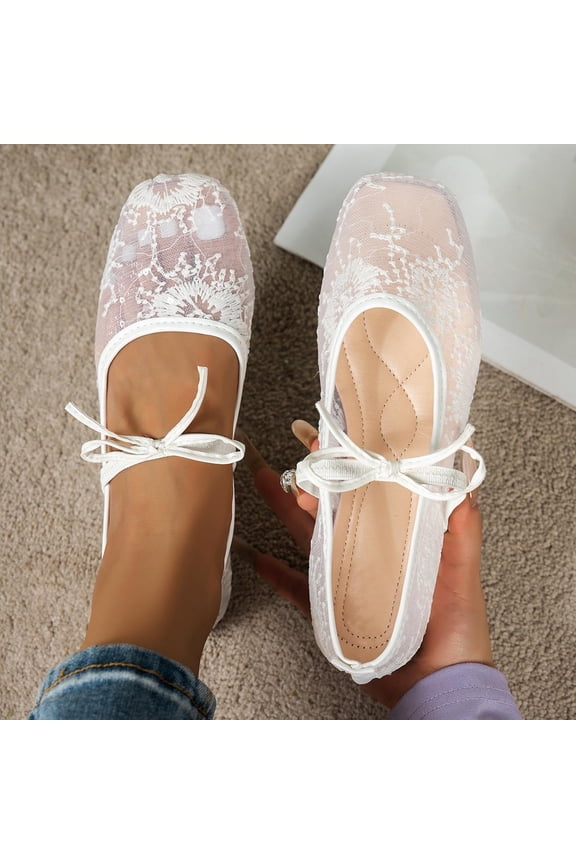 Women's Mesh Ballet Flats Lace Sandals Buckle Strap Open Square Toe Slip on Fishnet Flat Shoes White 8.5(41)
