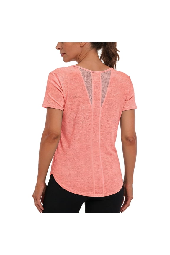 Women's Mesh Open Back Outdoor T-Shirts Round Neck Short Sleeve Pullover Tops Breathable Running Gym Athletic Tee Orange