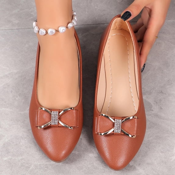 Miluxas Women's Metal Bow Ballet Flats - Round Toe Slip-On Shoes, Versatile Footwear for Work, Casual & Everyday Wear Brown 7(39)
