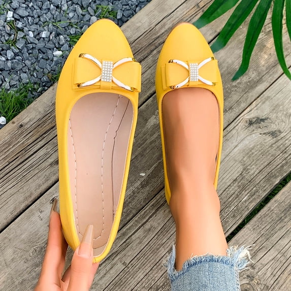 Miluxas Women's Metal Bow Ballet Flats - Round Toe Slip-On Shoes, Versatile Footwear for Work, Casual & Everyday Wear Yellow 7.5(40)