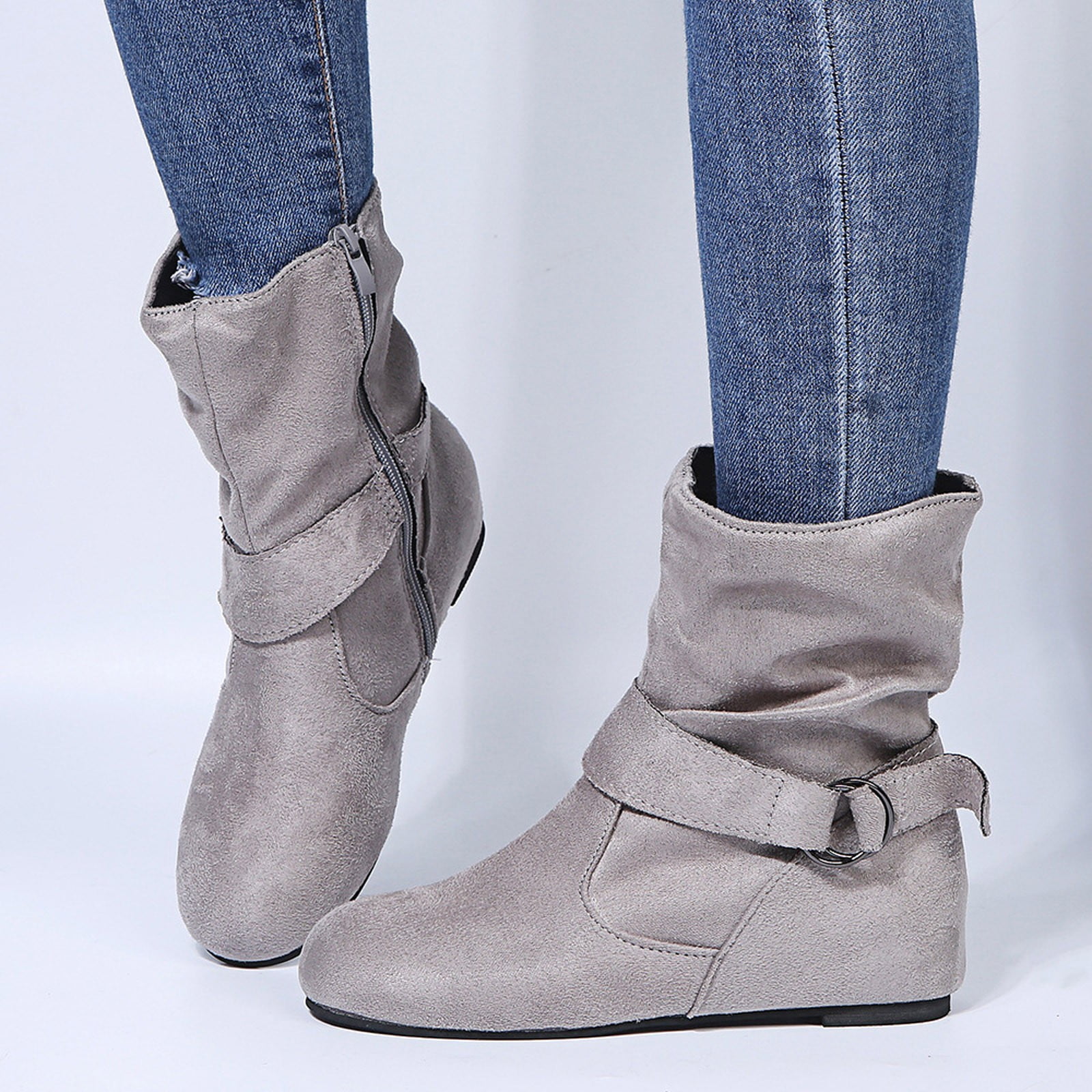 Miluxas Women s Mid Calf Boots Fashion Slouch Flat Ankle Booties with Comfort Clearance Gray 7 39 Walmart
