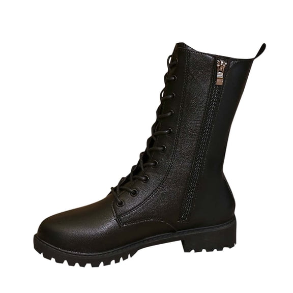 Miluxas Women's Mid Calf Boots Lace up Round Toe Combat Boots Leather Side Zipper Winter Boots Black 5.5(36)