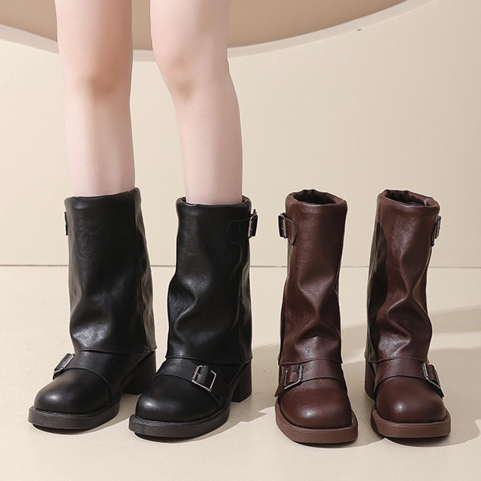 Miluxas Women's Mid Calf Boots Square Toe Chunky Block Heel Long Boots ...