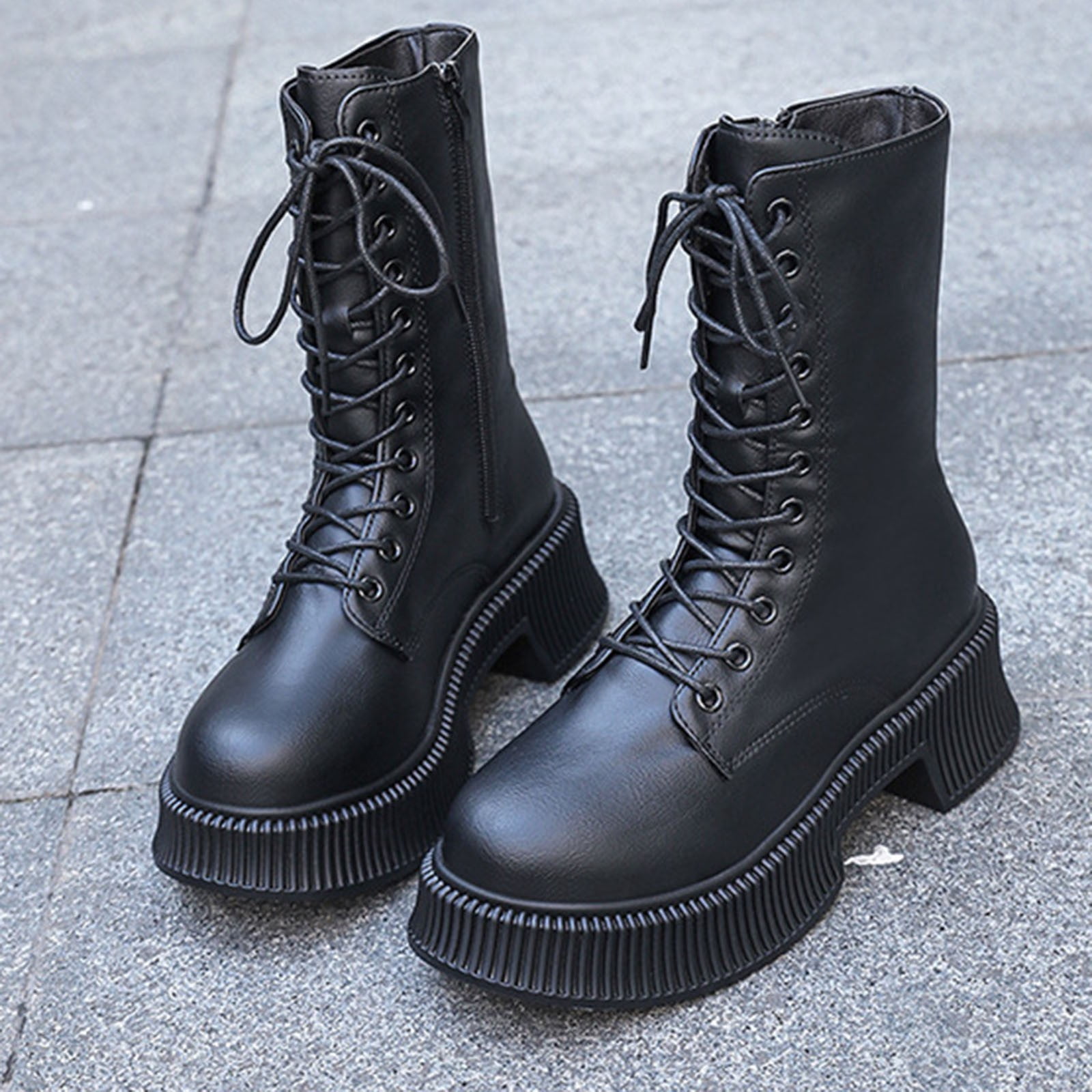 Miluxas Women's Mid Calf Combat Boots Lace-up Elastic Chunky