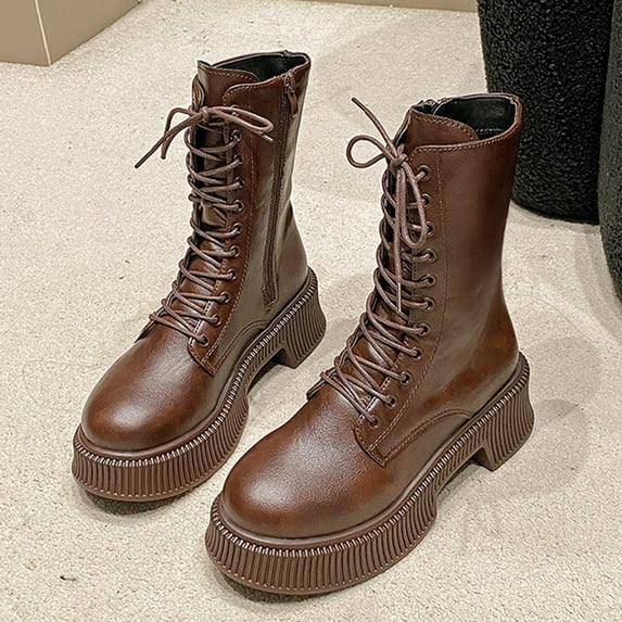 Miluxas Women's Mid Calf Combat Boots Lace-up Elastic Chunky Platform Boot Brown 9(42)