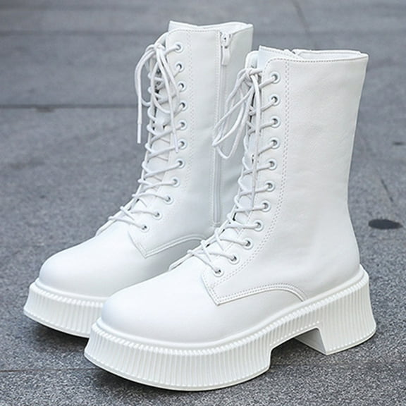 Miluxas Women's Mid Calf Combat Boots Lace-up Elastic Chunky Platform Boot White 7(39)