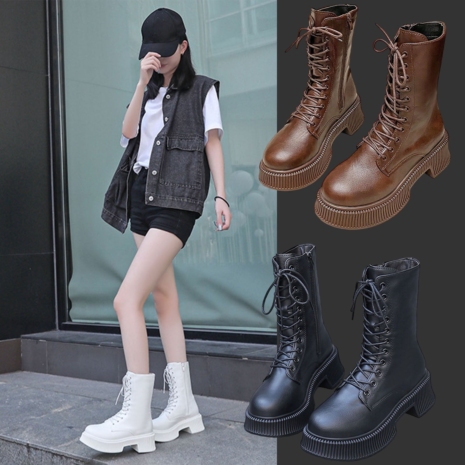 Miluxas Women's Mid Calf Combat Boots Lace-up Elastic Chunky Platform ...