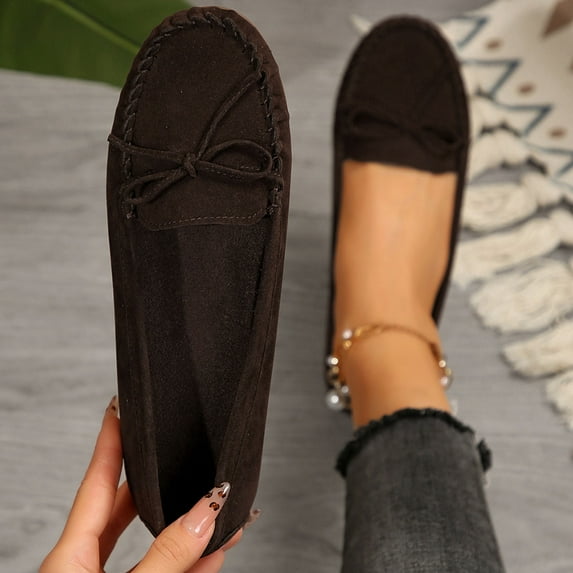 Miluxas Women's Moccasin Slippers Suede Lace-Up Bow Cozy Indoor & Outdoor Slip On Loafers Shoes for Women Brown-A 5.5(36)