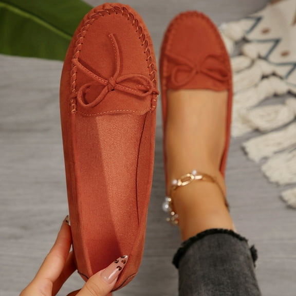 Miluxas Women's Moccasin Slippers Suede Lace-Up Bow Cozy Indoor & Outdoor Slip On Loafers Shoes for Women Orange-A 8.5(41)