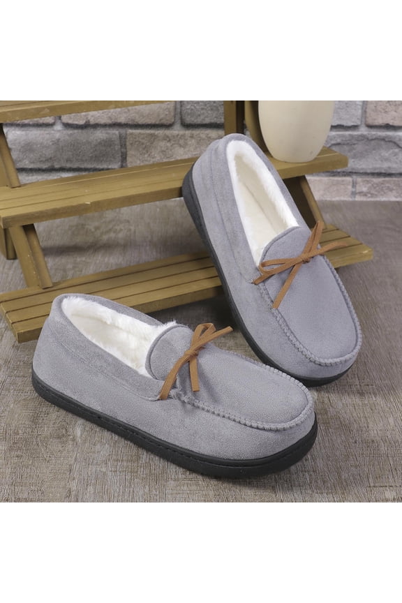 Women's Moccasin Slippers Warm Fuzzy Lining Loafers Slip On Round Toe Comfortable Casual Indoor Outdoor House Shoes Gray 9-9.5(42)