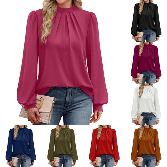 Miluxas Women's Mock Neck Pleated Solid Color Long Sleeve Blouse office Shirt Top White XL(XL)