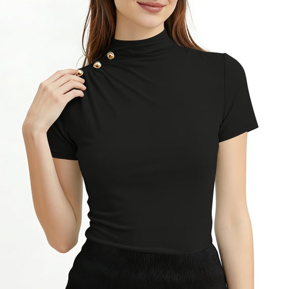 Miluxas Women's Mock Turtle Neck Slim Fit Tops Solid Color Short Sleeve Business Casual T Shirts Tight Basic Tops Tee Black