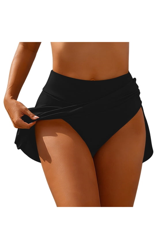 Women's Modest High Waisted Swim Skirt Wrap Front Skirted with Shorts Tummy Control Bathing Suit Bottoms for Beach Pool Black