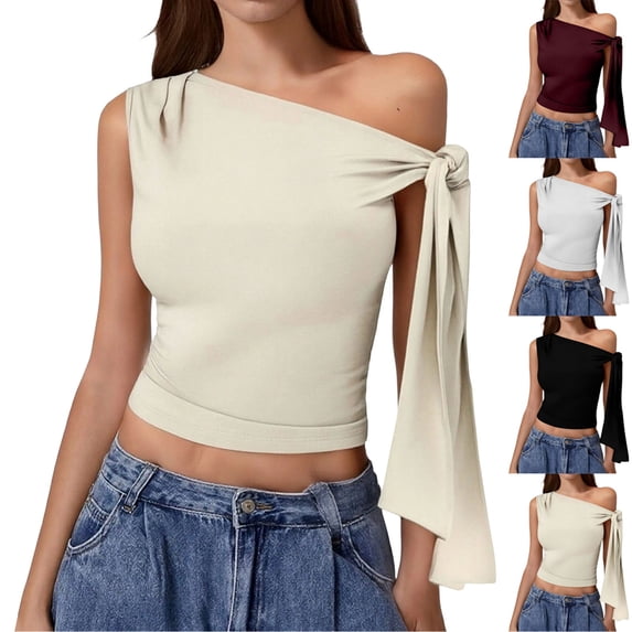 Miluxas Women's One Shoulder Asymmetrical Dressy Tank Tops Slim Fit Cute T Shirts One Tie Shoulder Ruched Tank Top White