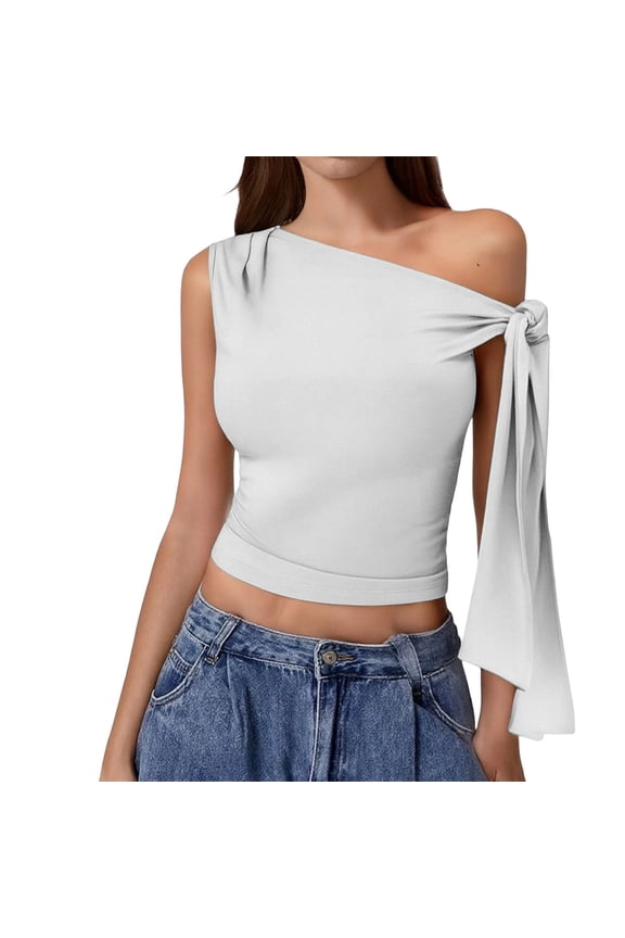 Women's One Shoulder Asymmetrical Dressy Tank Tops Slim Fit Cute T Shirts One Tie Shoulder Ruched Tank Top White