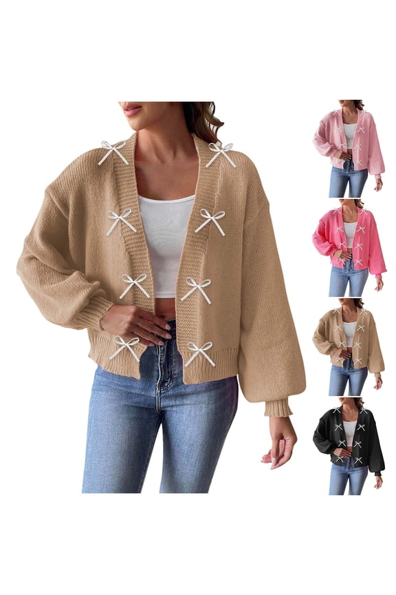 Women's Open Front Bow Cardigan Sweaters Knit Long Puff Sleeve Trendy Fall Winter Jacket Coats Pink XL(XL)