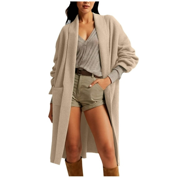 Miluxas Women's Open Front Long Cardigan Sweaters Fall Solid Casual Knit Jackets Cardigan with Pockets Khaki XL(XL)