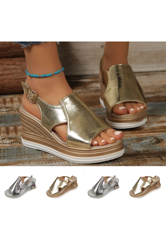 Women's Open Toe Buckle Ankle Strap Flatform Wedge Casual Sandal Crisscross Band Sandal Stylish High Heel Dressy Beach Shoes Silver 9.5(43)
