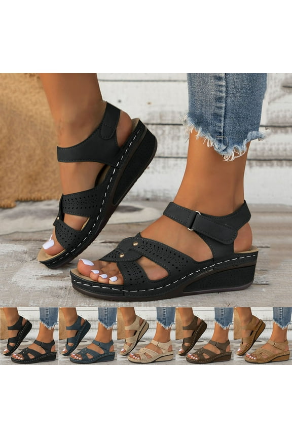 Women's Open Toe Buckle Elastic Ankle Strap Platform Wedge Sandals Comfortable Dressy Summer Shoes Arch Supported High Heel Navy 9(43)