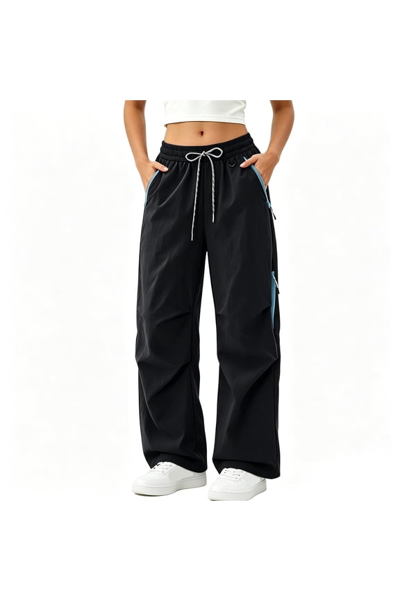 Women's Outdoor Hiking Cargo Pants Lightweight Wide Leg Baggy Workwear Pants with Zipper Pockets Lightly Windproof & Waterproof Navy