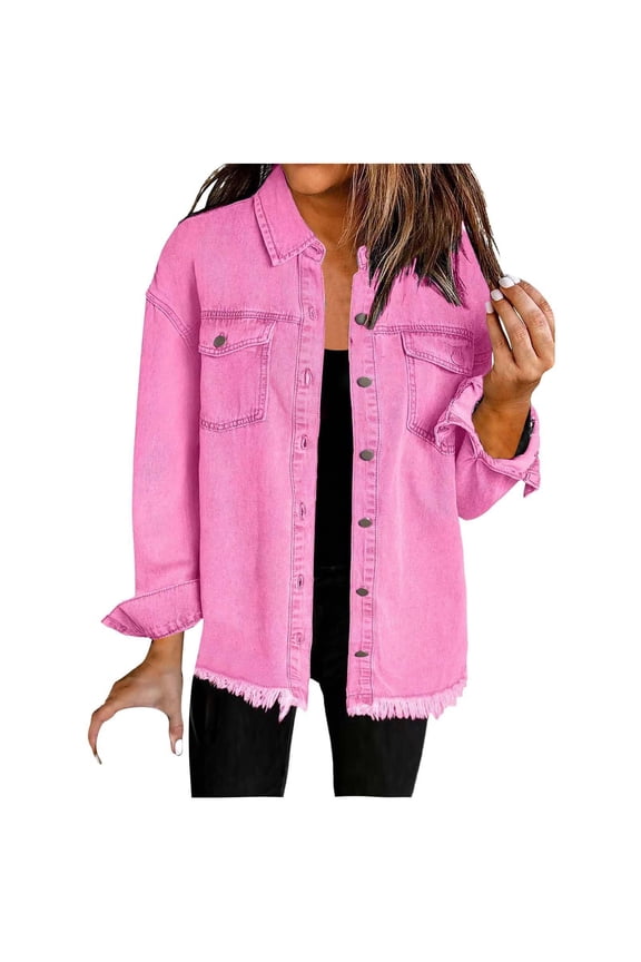 Women’s Oversized Button Up Denim Jacket Frayed Hem Shacket Long Sleeve Pockets Denim Jean Jacket Hot Pink 12(XXL)