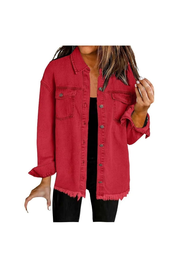Women’s Oversized Button Up Denim Jacket Frayed Hem Shacket Long Sleeve Pockets Denim Jean Jacket Red 8(L)