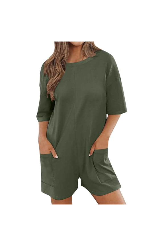 Women's Oversized Casual Rompers Summer Outfits Workout Tee Rompers V Neck Loose Short Sleeve Jumpsuit with Pocket Green 6(M)