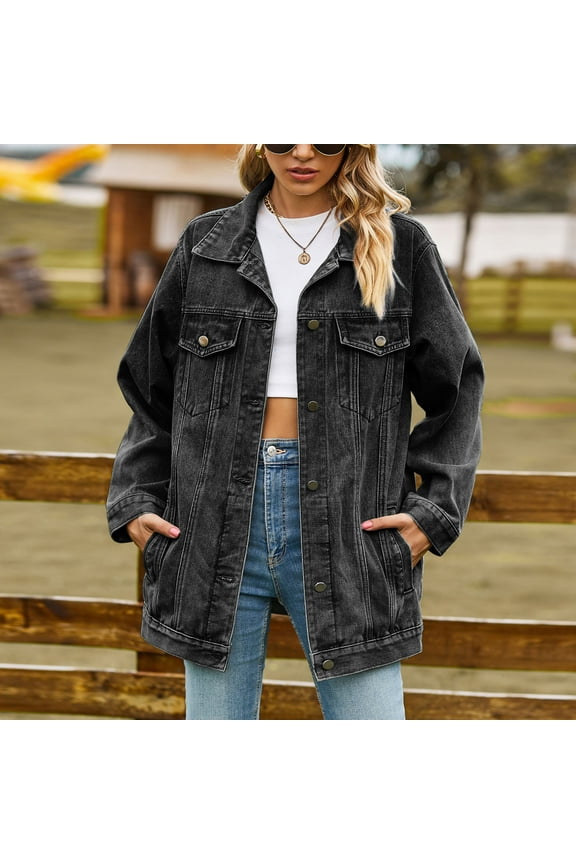 Women's Oversized Denim Jacket Casual Long Boyfriend Distresse Jean Jacket Autumn Spring Dark Gray 10(XL)