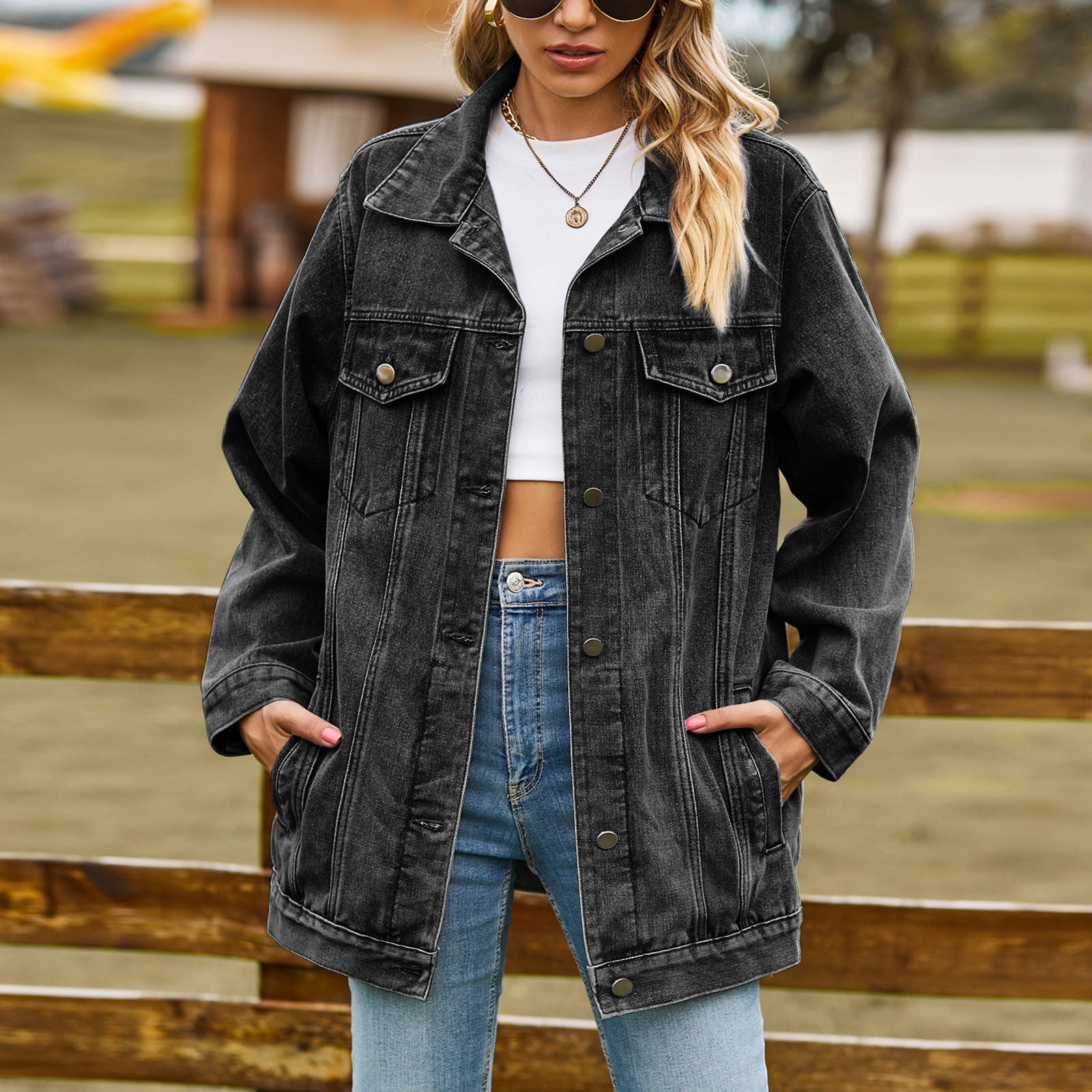 Miluxas Women's Oversized Denim Jacket Clearance Casual Long Boyfriend  Distresse Jean Jacket Autumn Spring Dark Gray 4(S)