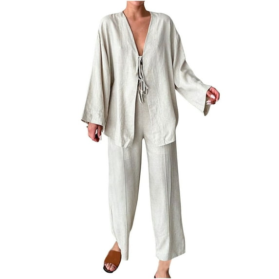 Miluxas Women's Pajama Sets Long Sleeve Solid Color Casual Lace up Sleepwear V Neck Cozy Soft Pajamas Lounge Set Gray 8(L)