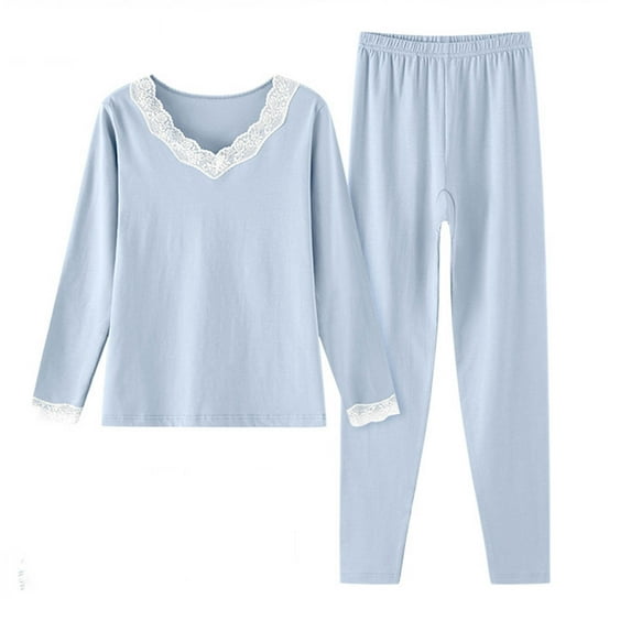 Miluxas Women's Pajama Sets V Neck Long Sleeve Pants Solid Color Casual Warm Sets Sleepwear Blue M(M)
